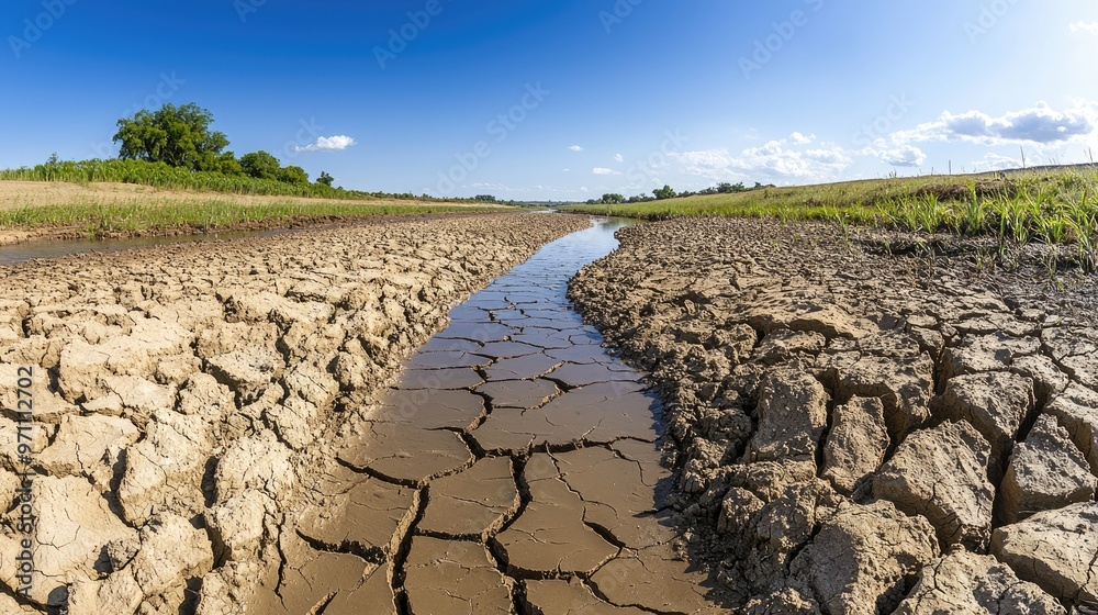 A dry landscape with cracked soil and a small water channel ...
