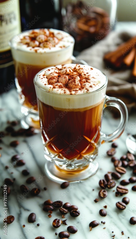 A cozy irish coffee served on a stylish marble table for the perfect relaxation moment A cozy irish coffee served on a stylish marble table for the perfect relaxation moment