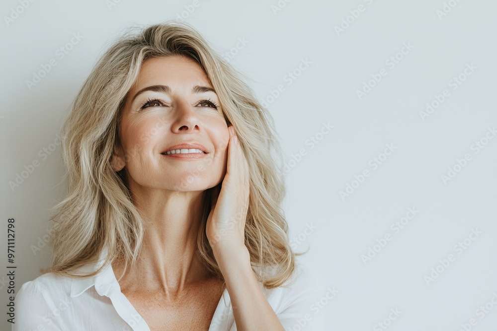 Fototapeta premium A photo of a lady with blond hair and hands and chin looking at an empty space without clothes on a white background