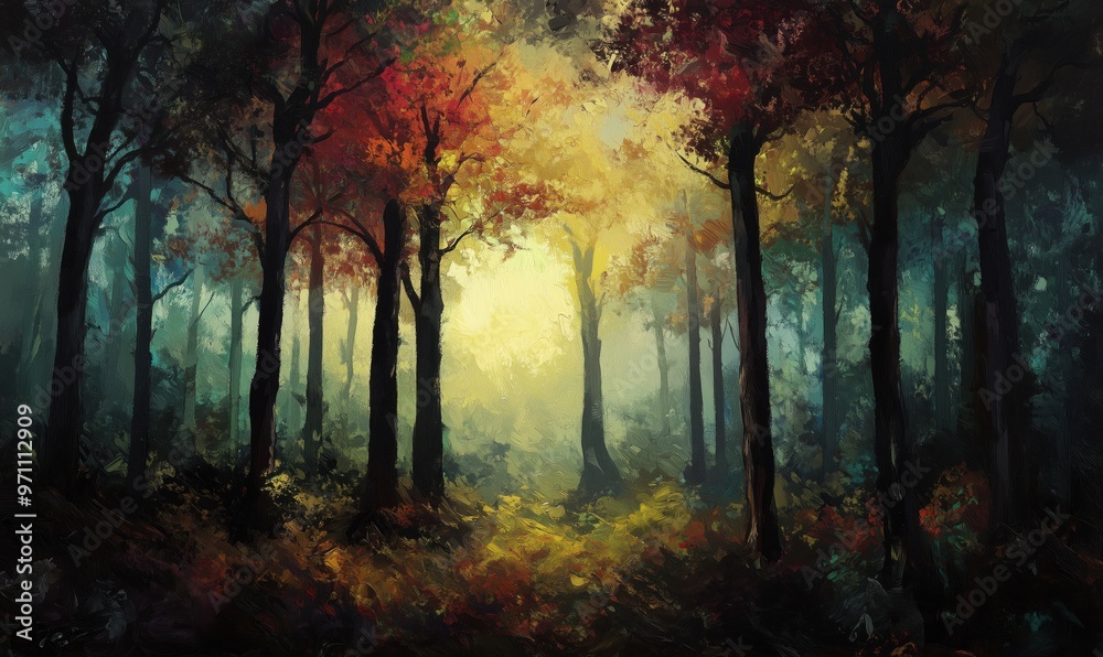 Naklejka premium A painting of a forest with trees in various shades of green and brown. The painting has a moody and serene atmosphere, with the trees appearing to be in a state of transition from summer to fall