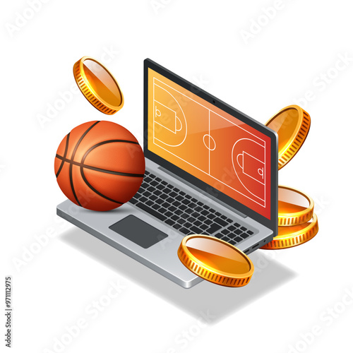 Sports betting 3D illustration. Laptop and basketball. Vector clipart isolated on white background.