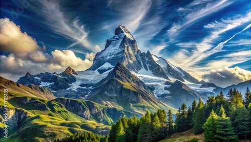 Serene majestic mountain peak stands tall against a vibrant blue sky with wispy clouds, rugged terrain, and snow-capped summit in a breathtaking alpine landscape. photo