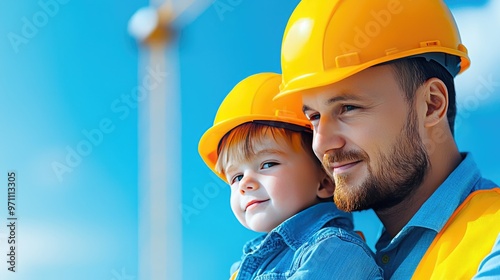A joyful construction worker holding a child, both wearing yellow helmets. A bright blue sky serves as the backdrop.
