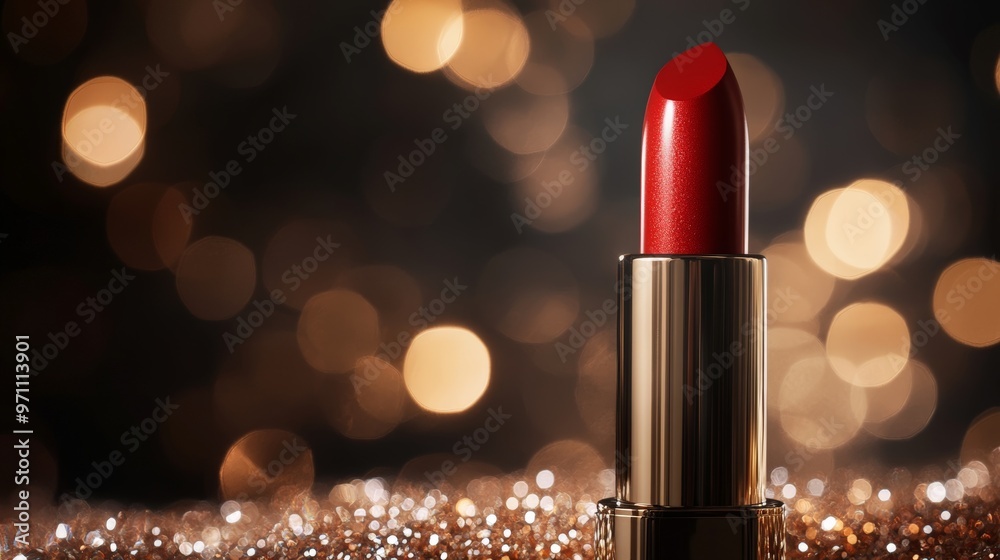 Red Lipstick On Golden Glitter Background, Luxurious Beauty Product