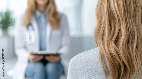 A patient sits in consultation with a healthcare professional in a modern medical office, emphasizing care and communication.