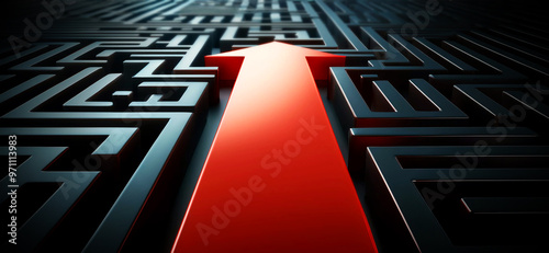 Close-up of a Red Arrow passing through a black Labyrinth or Maze walls with a straight trajectory. Concept of solving problems and finding solutions in the simplest way possible. Generative Ai.