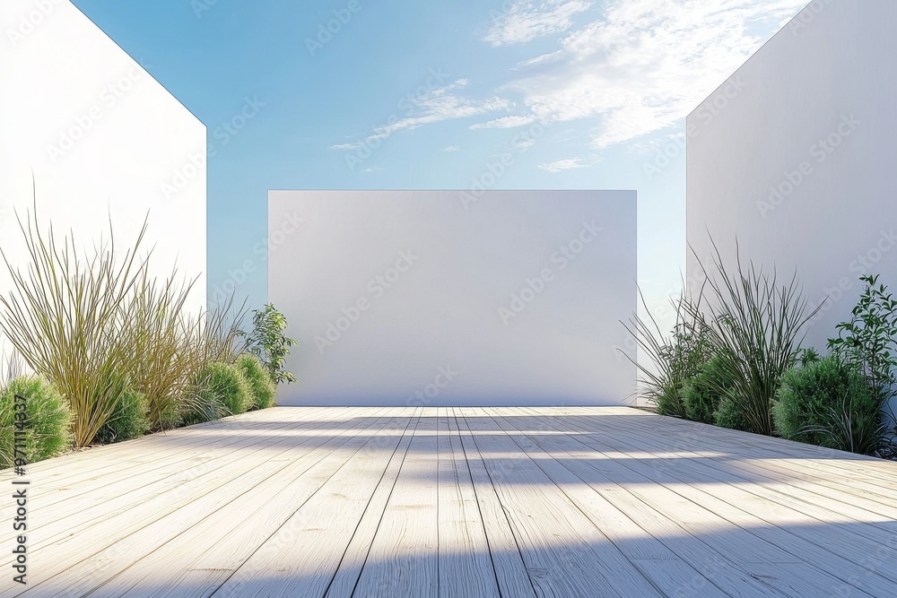 Potted plants on an empty rooftop terrace decorated in a minimal style Potted plants on an empty rooftop terrace decorated in a minimal style