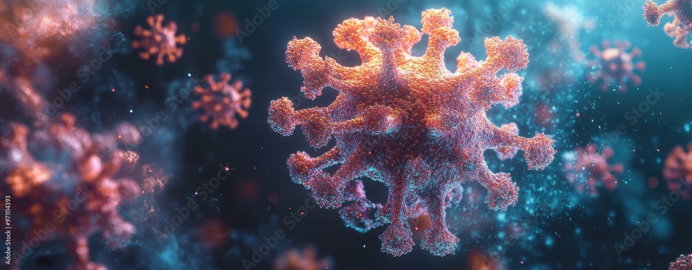 A detailed 3D rendering of virus cells floating in a microscopic environment, symbolizing viral infection, disease spread, and medical research. A detailed 3D rendering of virus cells floating in a microscopic environment, symbolizing viral infection, disease spread, and medical research.