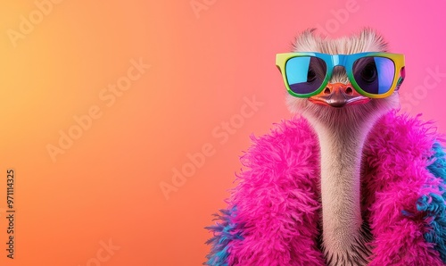 A quirky ostrich dressed in a colorful fur coat and stylish sunglasses, perfect for fun and vibrant animal-themed visuals. photo