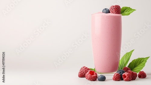 A refreshing pink smoothie garnished with fresh raspberries and blueberries, perfect for a healthy treat or breakfast option.