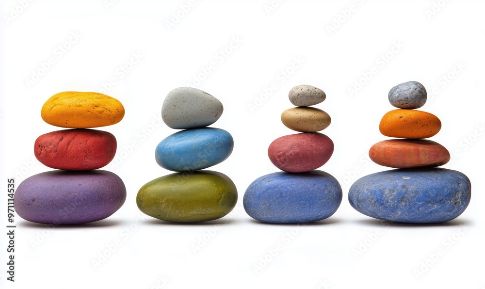 A row of colorful rocks stacked on top of each other. The colors are red, blue, green, yellow, and purple. The arrangement of the rocks creates a sense of balance and harmony A row of colorful rocks stacked on top of each other. The colors are red, blue, green, yellow, and purple. The arrangement of the rocks creates a sense of balance and harmony