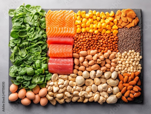 Vegan Protein Sources Chart A Visual Guide to Plant-Based Protein Options Featuring Spinach, Eggs, Nuts, Seeds, and More photo