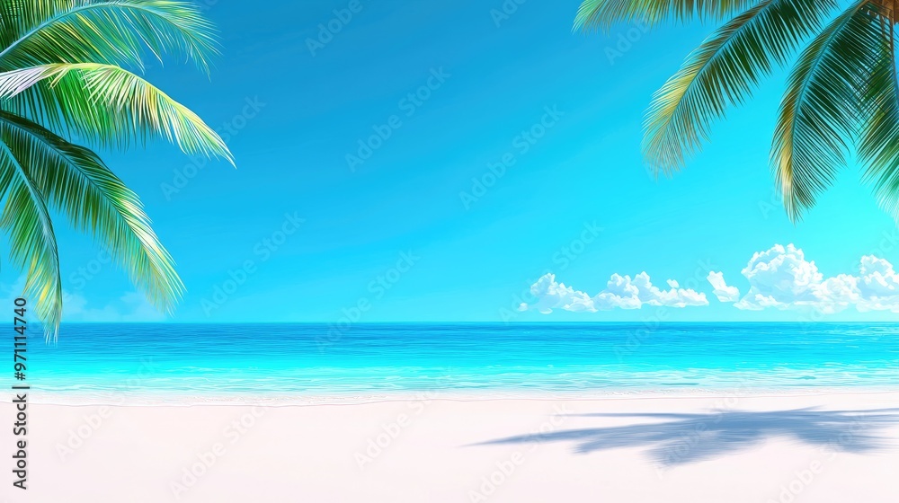 A serene beach scene with calm turquoise water, white sand, and lush palm leaves under a clear blue sky. A serene beach scene with calm turquoise water, white sand, and lush palm leaves under a clear blue sky.