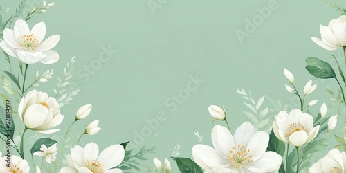 pretty white theme flowers on pastel green background, concept for banner, watercolor style