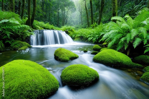 A serene forest scene featuring a flowing stream, lush green ferns, and moss-covered rocks, perfect for nature-themed projects. photo