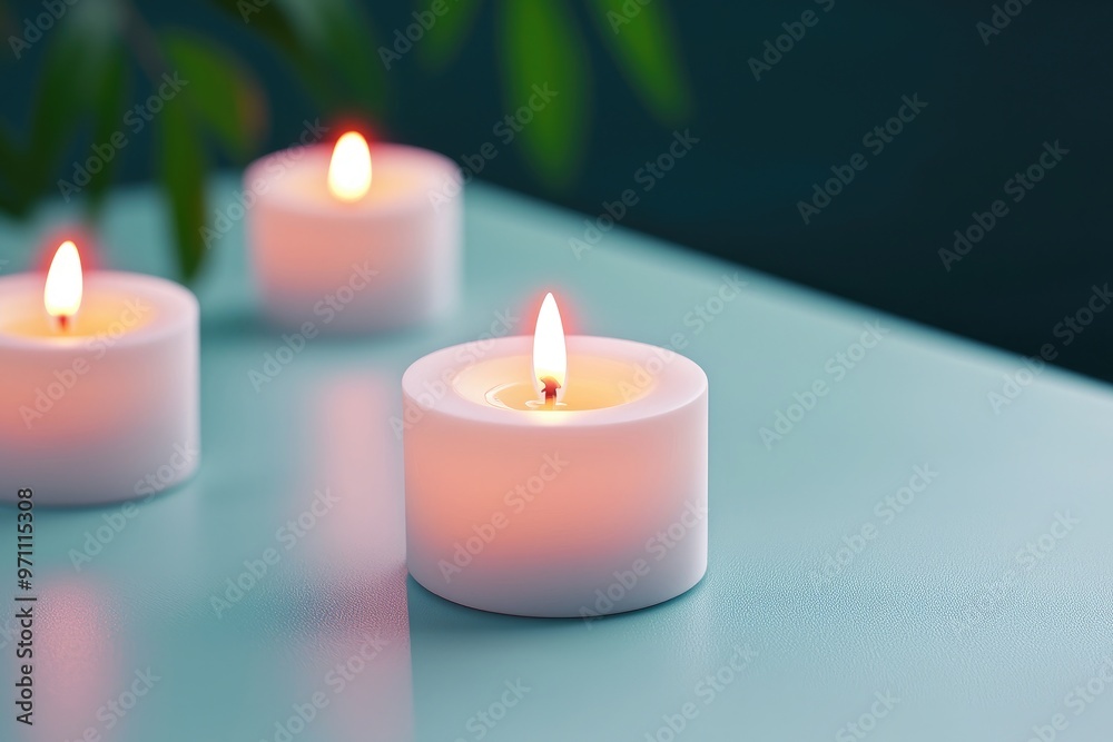 A serene scene featuring glowing candles on a calm surface, perfect for evoking relaxation and tranquility in decor. A serene scene featuring glowing candles on a calm surface, perfect for evoking relaxation and tranquility in decor.