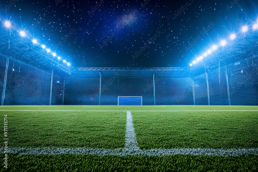 Modern football stadium with a green field with football goals with blue floodlights light at night with stars. Modern football stadium with a green field with football goals with blue floodlights light at night with stars.