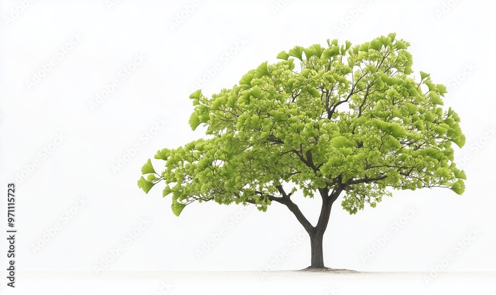 A tree is standing in a field of white. The tree is green and has a lot of leaves A tree is standing in a field of white. The tree is green and has a lot of leaves