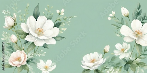 pretty white theme flowers on pastel green background, concept for banner, watercolor style