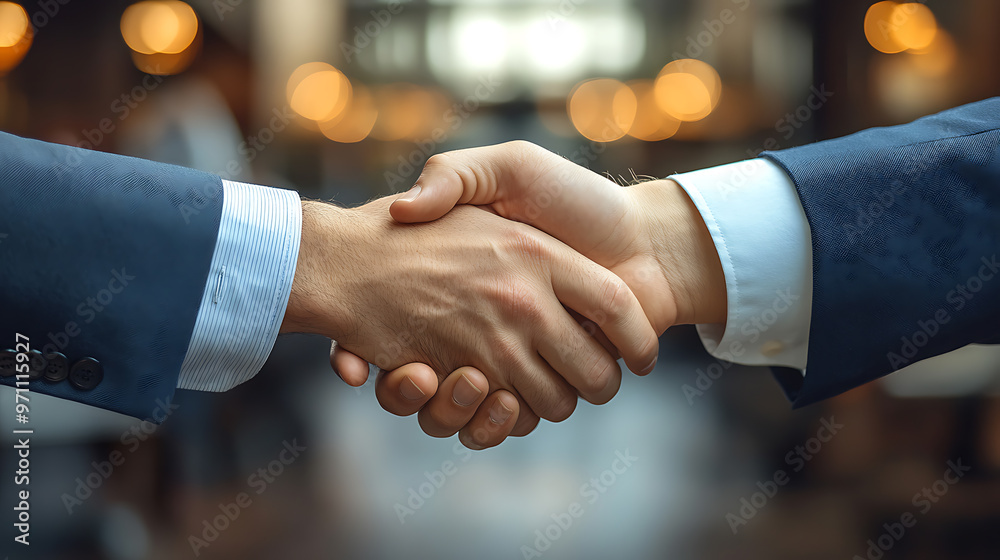 Business handshake after successful deal, with calculator and documents Business handshake after successful deal, with calculator and documents