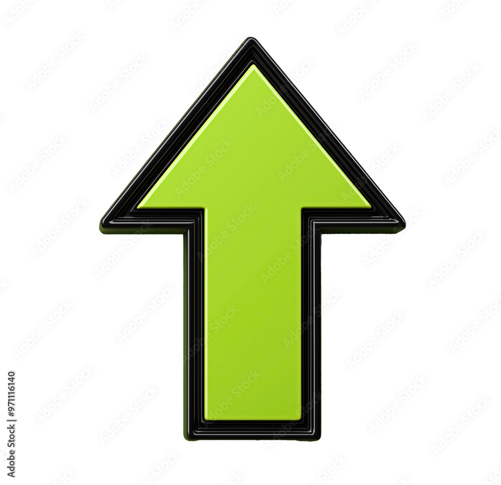 Isolated Upward pointing arrow in vibrant green with black border for directional element. Isolated Upward pointing arrow in vibrant green with black border for directional element.