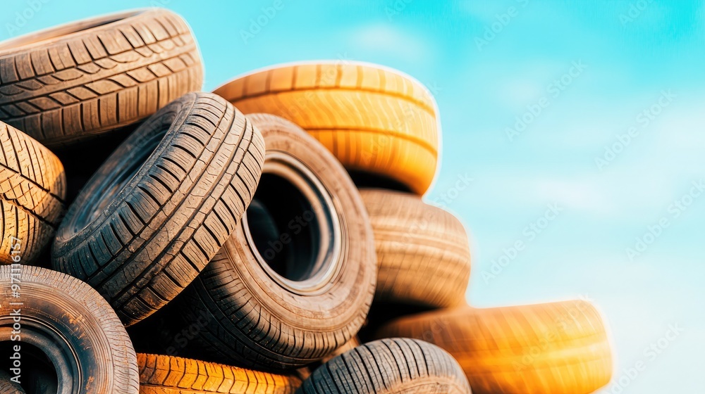 Obraz premium A stack of used tires against a bright blue sky, showcasing the texture and patterns of rubber materials.
