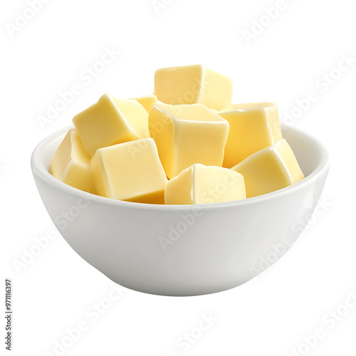 cubes of fresh yellow butter in white ceramic bowl isolated on transparent background Generative Ai. 