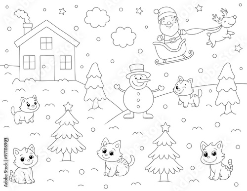 christmas themed cartoon kitten coloring page. you can print it on 8.5x11 inch paper