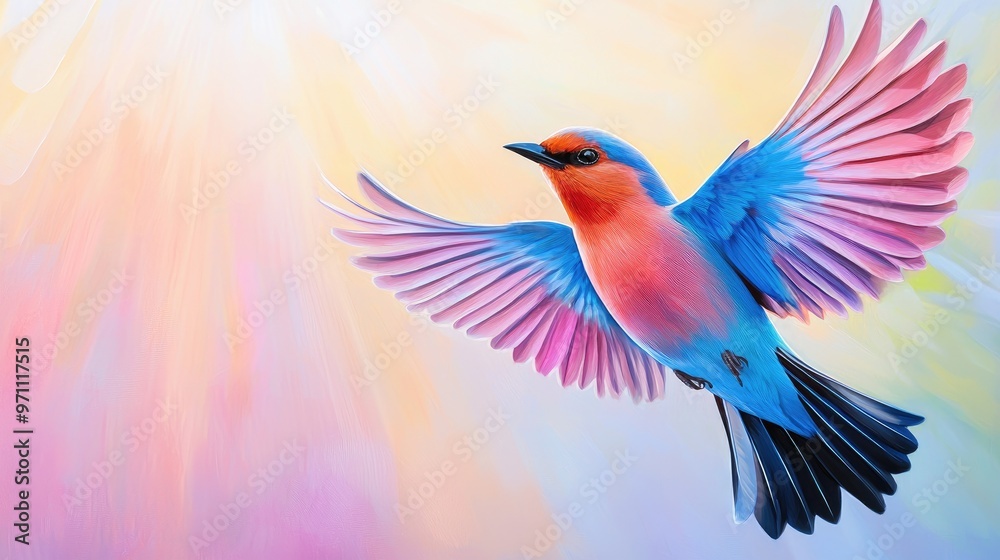 A vibrant bird in flight with colorful wings, set against a soft pastel background, showcasing beauty and freedom. A vibrant bird in flight with colorful wings, set against a soft pastel background, showcasing beauty and freedom.