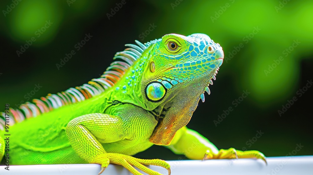 Fototapeta premium A vibrant green iguana resting on a branch, showcasing its detailed scales and colorful features against a lush background.