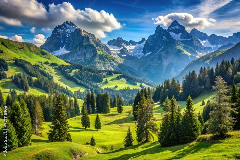 Serene mountain landscape in Gantrisch Nature Park, Switzerland, featuring emerald green meadows, scattered trees, and majestic Alpine peaks under a clear blue summer sky. Serene mountain landscape in Gantrisch Nature Park, Switzerland, featuring emerald green meadows, scattered trees, and majestic Alpine peaks under a clear blue summer sky.