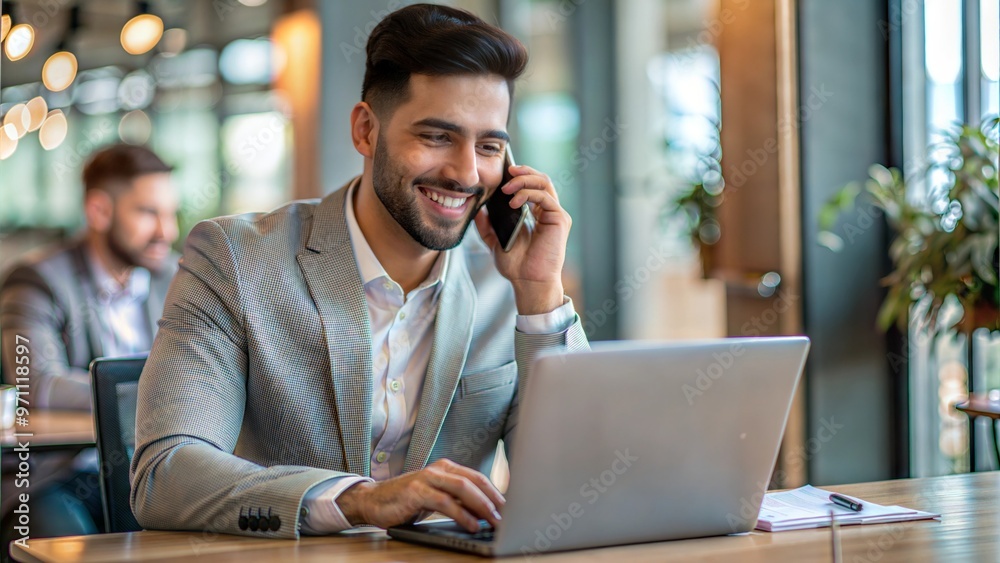 Young happy busy latin businessman talking on phone using laptop computer in office. Smiling hispanic professional business man manager making call on mobile telephone sitting at work desk Young happy busy latin businessman talking on phone using laptop computer in office. Smiling hispanic professional business man manager making call on mobile telephone sitting at work desk