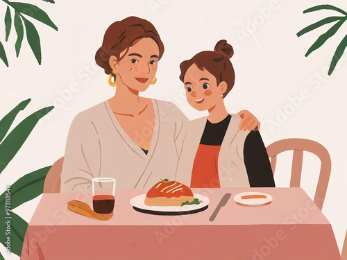 flat 2D illustration,young beautiful woman mother having lunch with her child ,AI generated