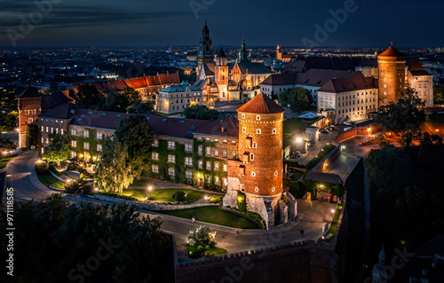 Illuminated Wawel Castle at night, Krakow, Poland