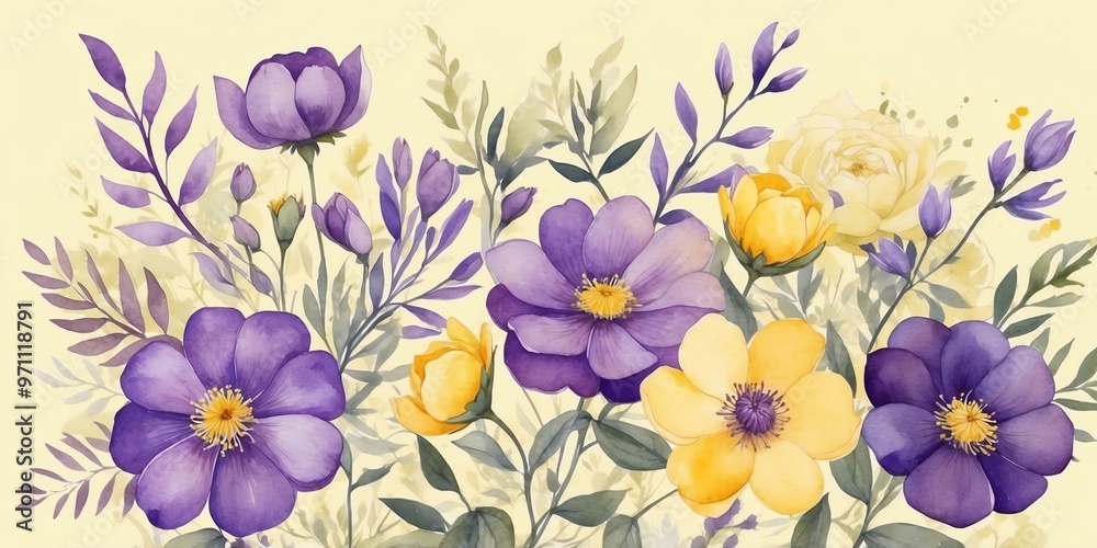 pretty purple theme flowers on pastel yellow background, concept for banner, watercolor style pretty purple theme flowers on pastel yellow background, concept for banner, watercolor style