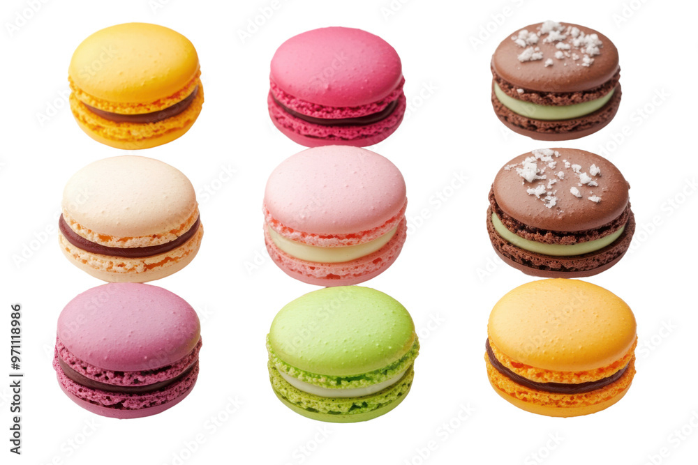Obraz premium Colorful macarons arranged in two rows, featuring a variety of flavors and textures, perfect for a sweet treat photography.