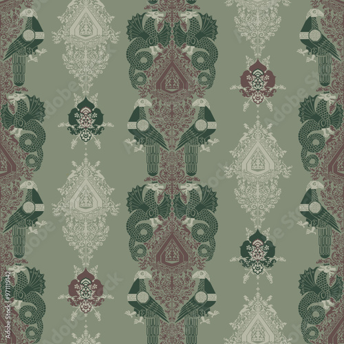 Seamless pattern with animals and ornament in Byzantine style.