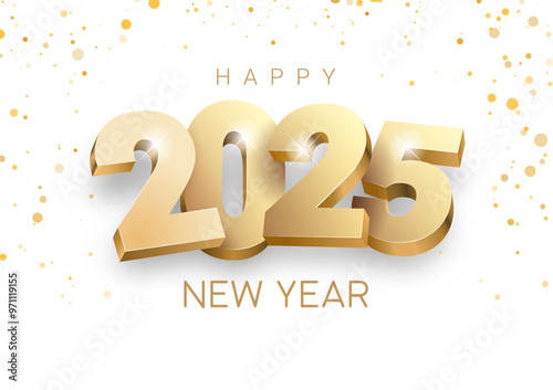 Vector illustration with volumetric 3D golden numbers for celebrating the new year 2025. Inscription hangs in the air on a white background. In the background there is a scattering of golden confetti