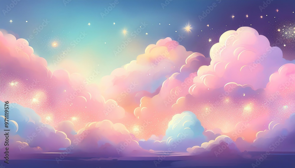 Fototapeta premium illustration of beautiful clouds with glitter and stars, background for children's book, card or poster, cotton candy clouds in pastel colors