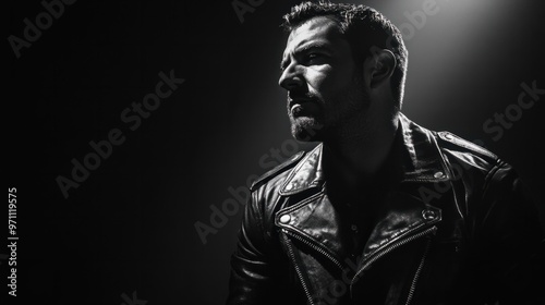 A dramatic black-and-white portrait of a man in a leather jacket, captured in harsh light with deep shadows