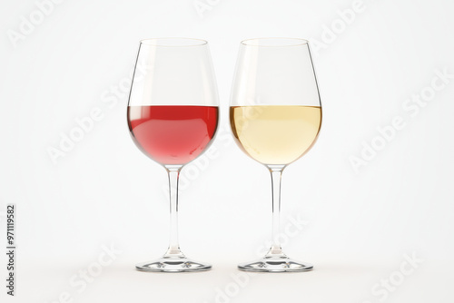 A close-up view of two elegant wine glasses, one filled with red wine and the other with white wine, on a neutral background.