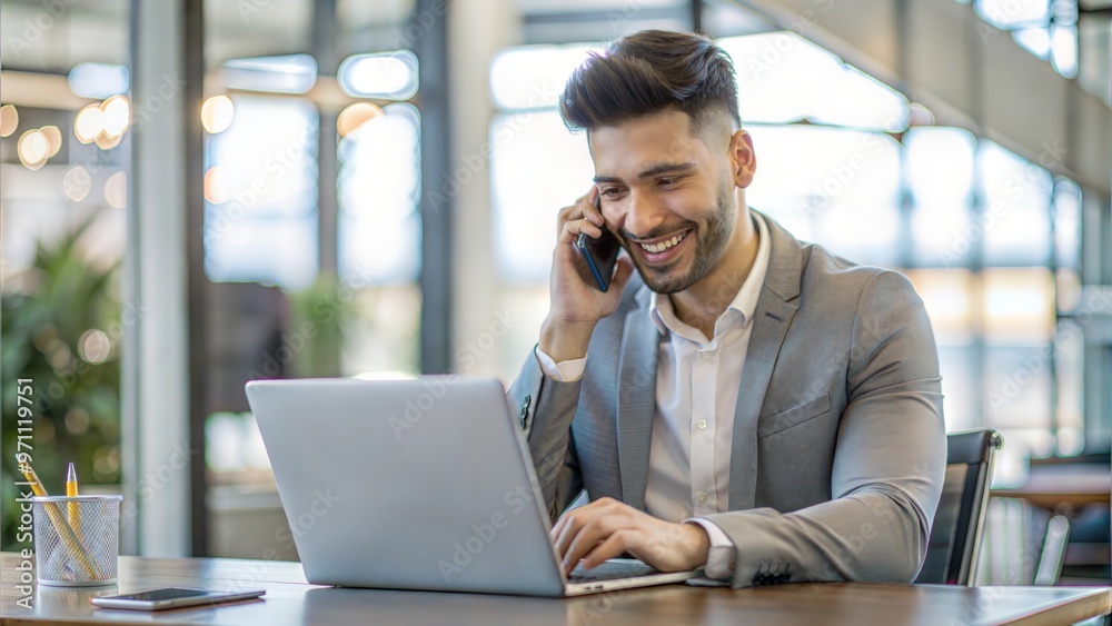 Young happy busy latin businessman talking on phone using laptop computer in office. Smiling hispanic professional business man manager making call on mobile telephone sitting at work desk Young happy busy latin businessman talking on phone using laptop computer in office. Smiling hispanic professional business man manager making call on mobile telephone sitting at work desk
