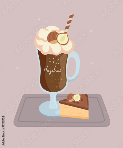 Illustration with Iced Coffee at Hazelnut Taste and Cheesecake