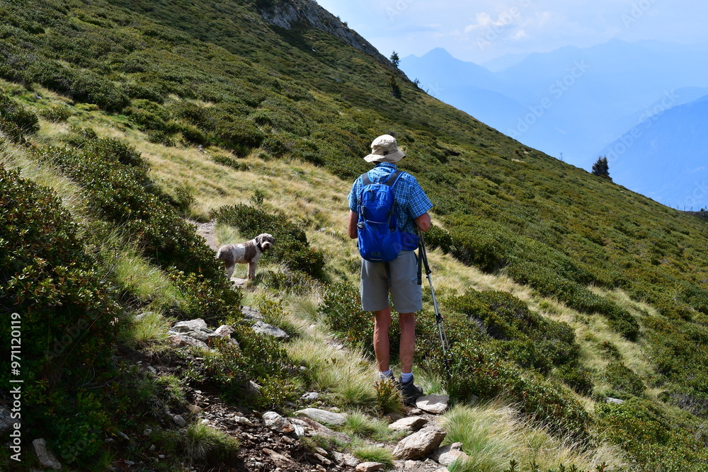 Mann und sein Lagotto Romagnolo Hund wandern auf dem Hirzer in Südtirol