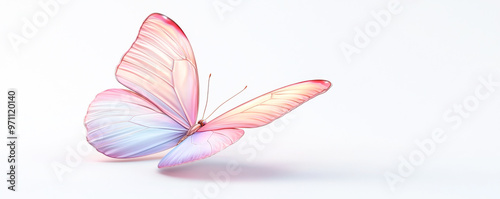 A delicate pink butterfly resting gracefully against a soft white background, symbolizing beauty and transformation in nature.