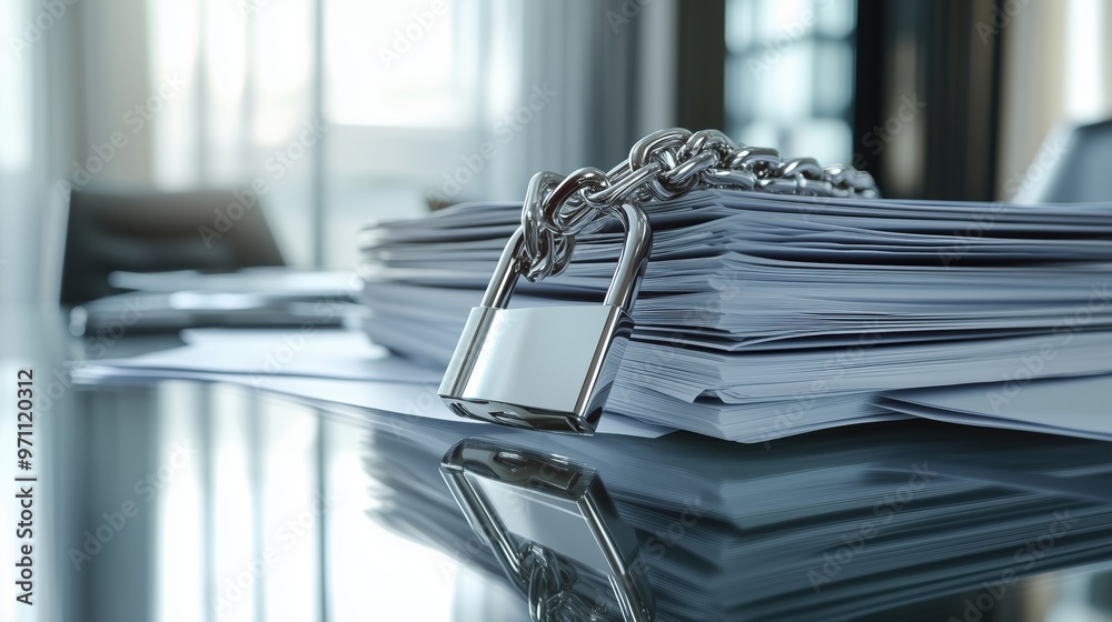 A chain is on top of a stack of papers. The chain is silver and has a lock on it. The papers are white and are piled on top of each other