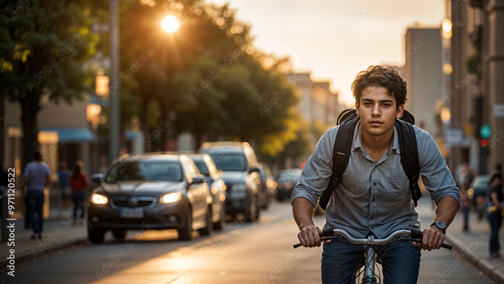 Young man with backpack riding bike on waterfront promenade at the riverside at sunset Young man with backpack riding bike on waterfront promenade at the riverside at sunset