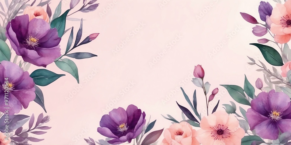 Obraz premium pretty purple theme flowers on pastel pink background, concept for banner, watercolor style