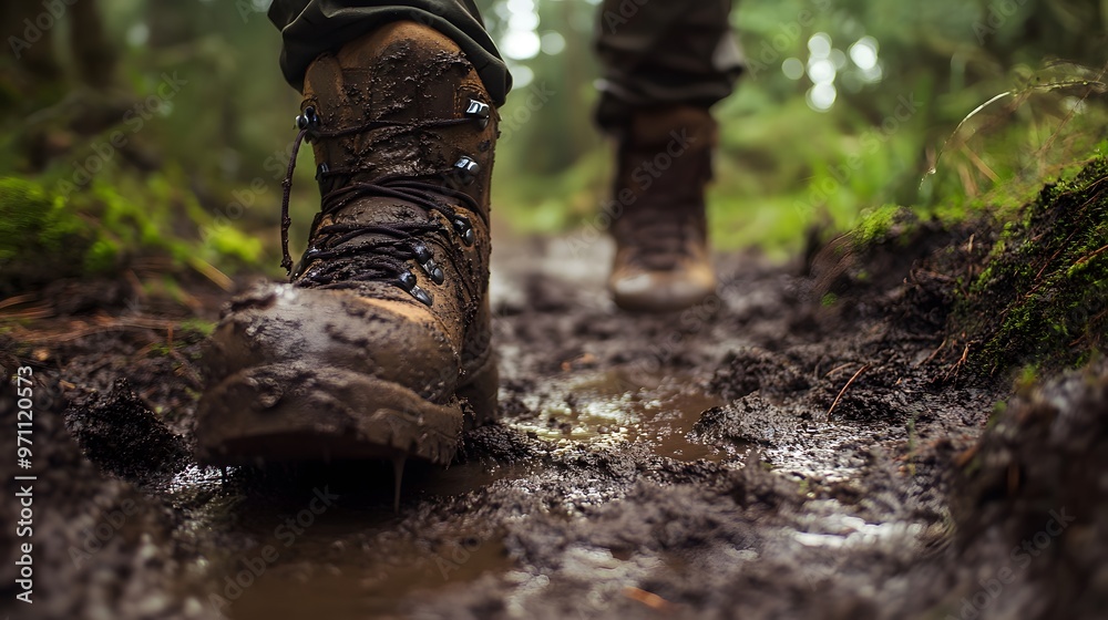 Hiking Boots Covered in Mud on Forest Trail Hiking Boots Covered in Mud on Forest Trail