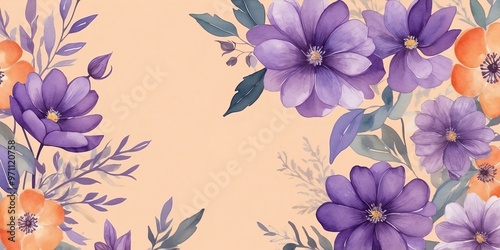 pretty purple theme flowers on pastel orange background, concept for banner, watercolor style